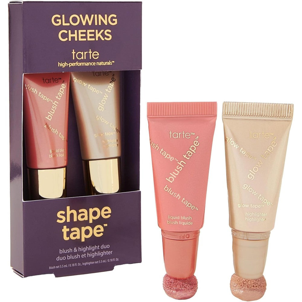 Tarte Glowing Cheeks Blush Tape And Glow Tape Duo front view showing two liquid tubes with cushion applicators.