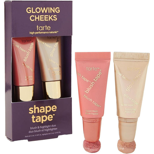 Tarte Glowing Cheeks Blush Tape And Glow Tape Duo front view showing two liquid tubes with cushion applicators.