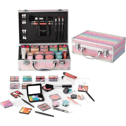 Hot Sugar Makeup Kit for Teenager Girls front view of the closed rainbow glitter train case