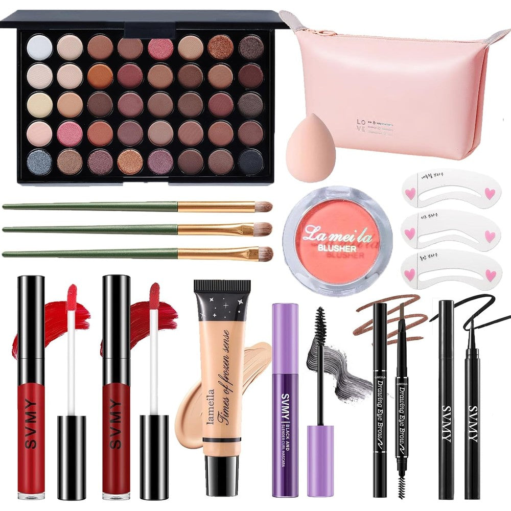 PWYSHXDF makeup set for women front view displaying the forty color eyeshadow palette and pink travel bag