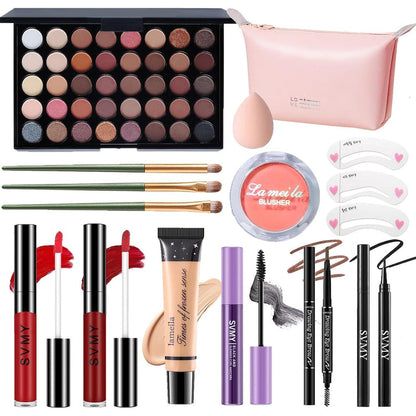 PWYSHXDF makeup set for women front view displaying the forty color eyeshadow palette and pink travel bag