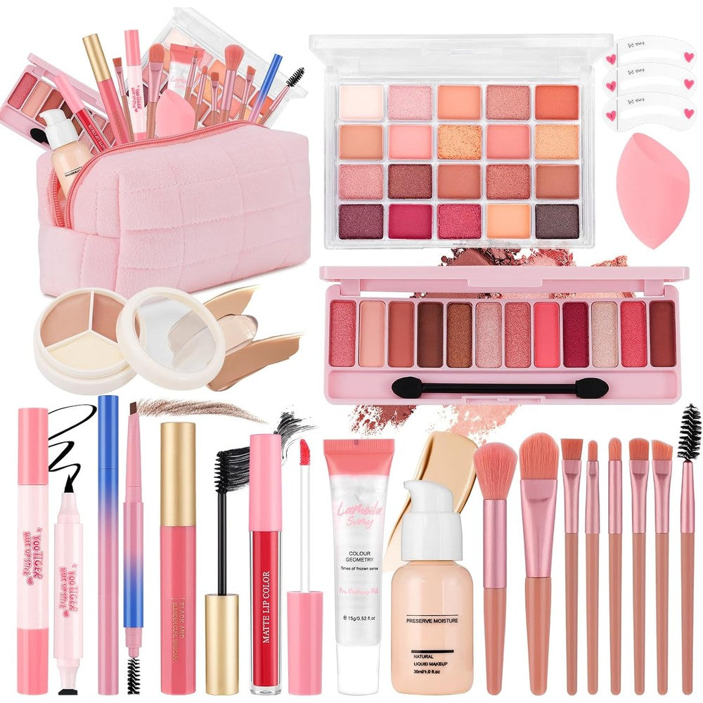 VESPRO All In One Makeup Kit front view showing open pink travel bag filled with cosmetics