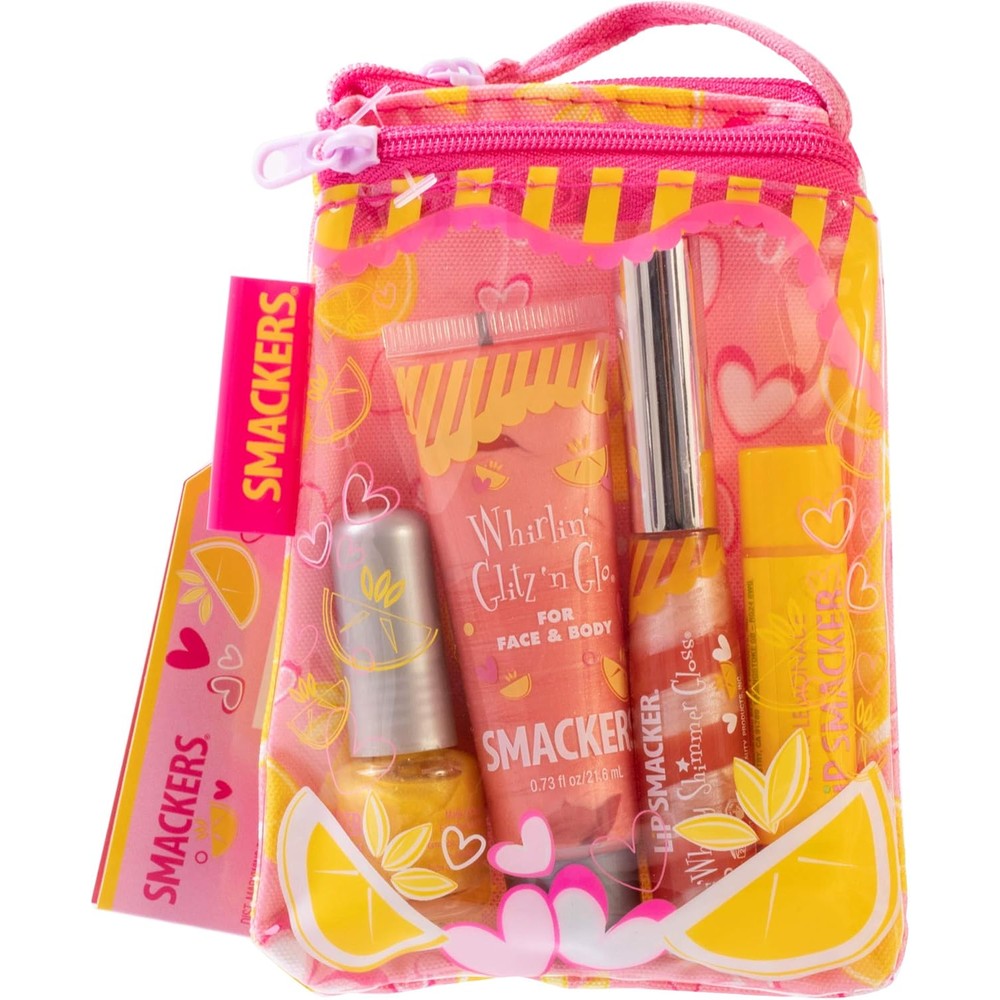 Lip Smacker Pink Lemonade Glam Bag makeup set front view showing zippered pouch and beauty cosmetics.