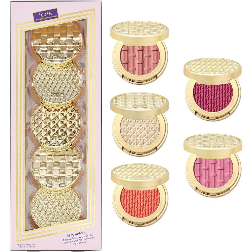 Tarte Stay Golden Amazonian Clay Cheek Set front view packaging with five blushes and makeup brush.