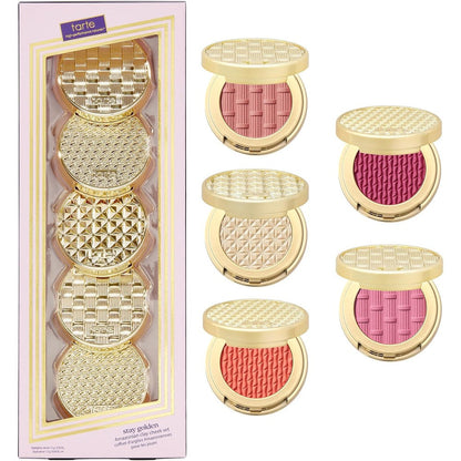 Tarte Stay Golden Amazonian Clay Cheek Set front view packaging with five blushes and makeup brush.