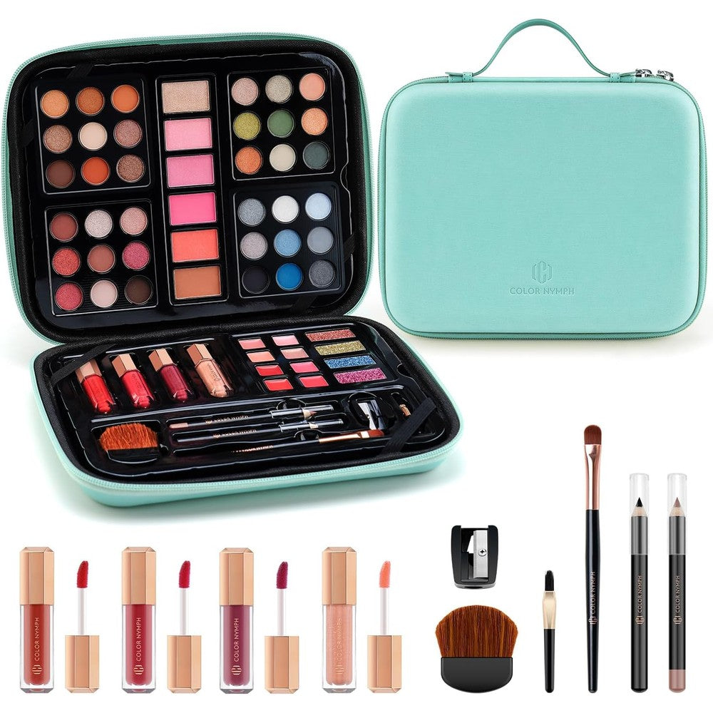 Color Nymph beginner makeup kit front view showing the complete eyeshadow palette and cosmetic accessories.