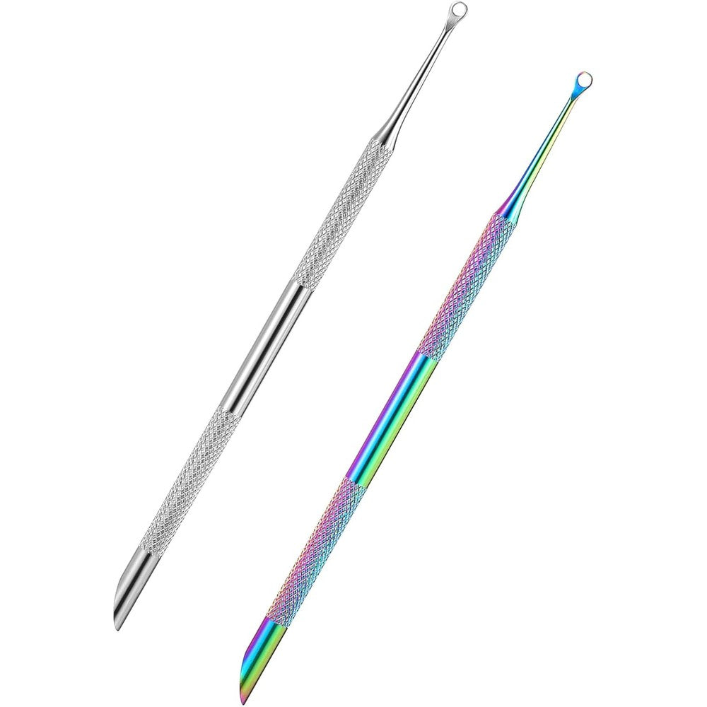 Tiesome dual ended cuticle pusher front view showing silver stainless steel finish