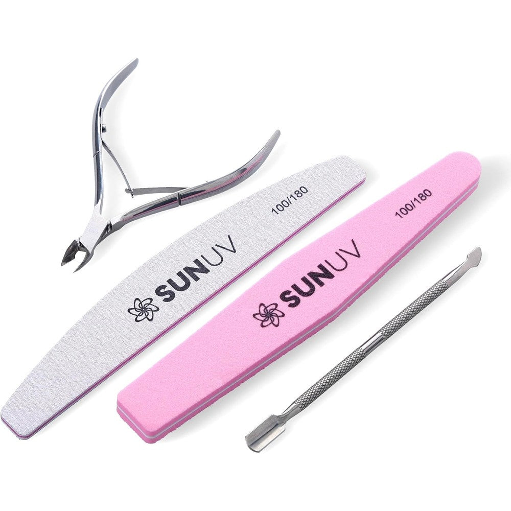 SUNUV 4 Piece Professional Cuticle Nippers and Manicure Set front view showing classic pink tools