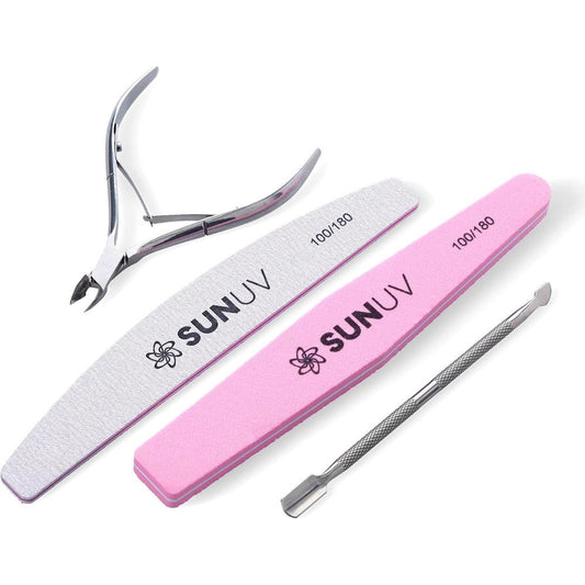 SUNUV 4 Piece Professional Cuticle Nippers and Manicure Set front view showing classic pink tools