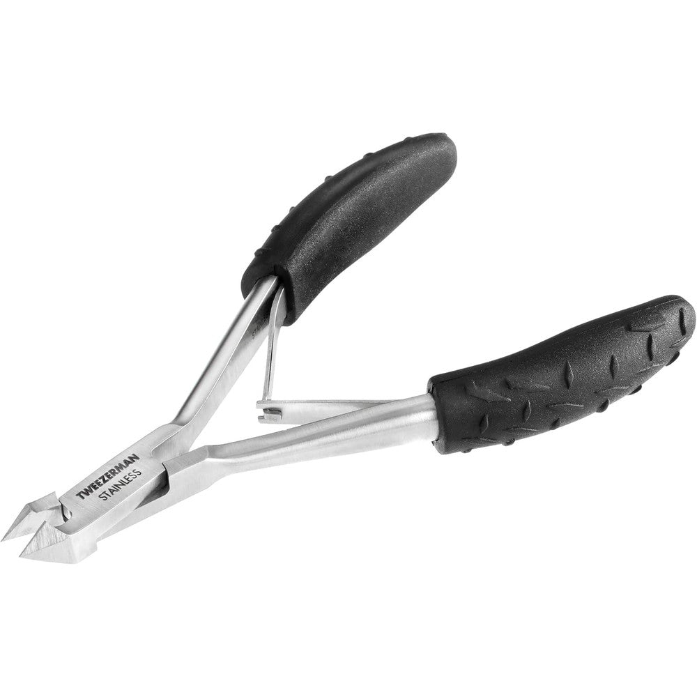 Tweezerman Great Grip Cuticle Nipper front view showing premium stainless steel body and black textured non-slip handles