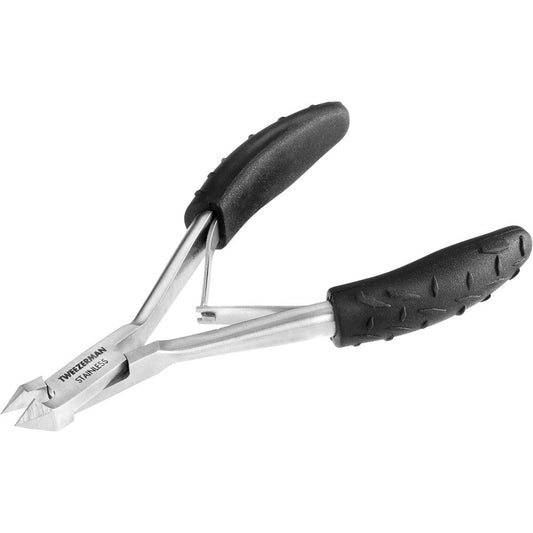 Tweezerman Great Grip Cuticle Nipper front view showing premium stainless steel body and black textured non-slip handles