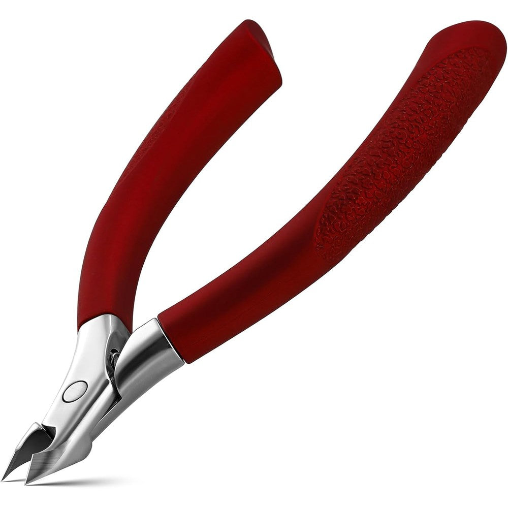 FVION professional cuticle trimmer front view showing red rubber handle and sharp stainless steel nipper head.