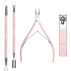 Difenni 4 piece cuticle trimmer and manicure set front view showing pink handles