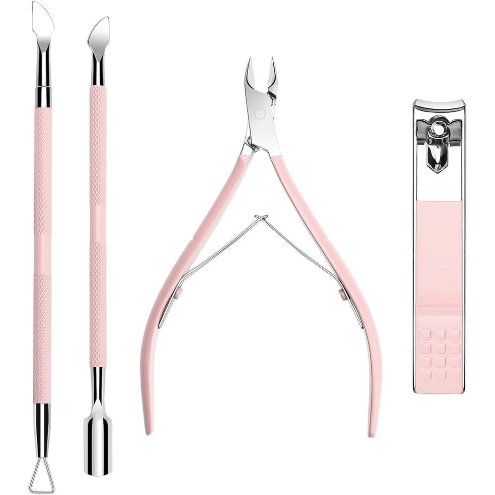 Difenni 4 piece cuticle trimmer and manicure set front view showing pink handles