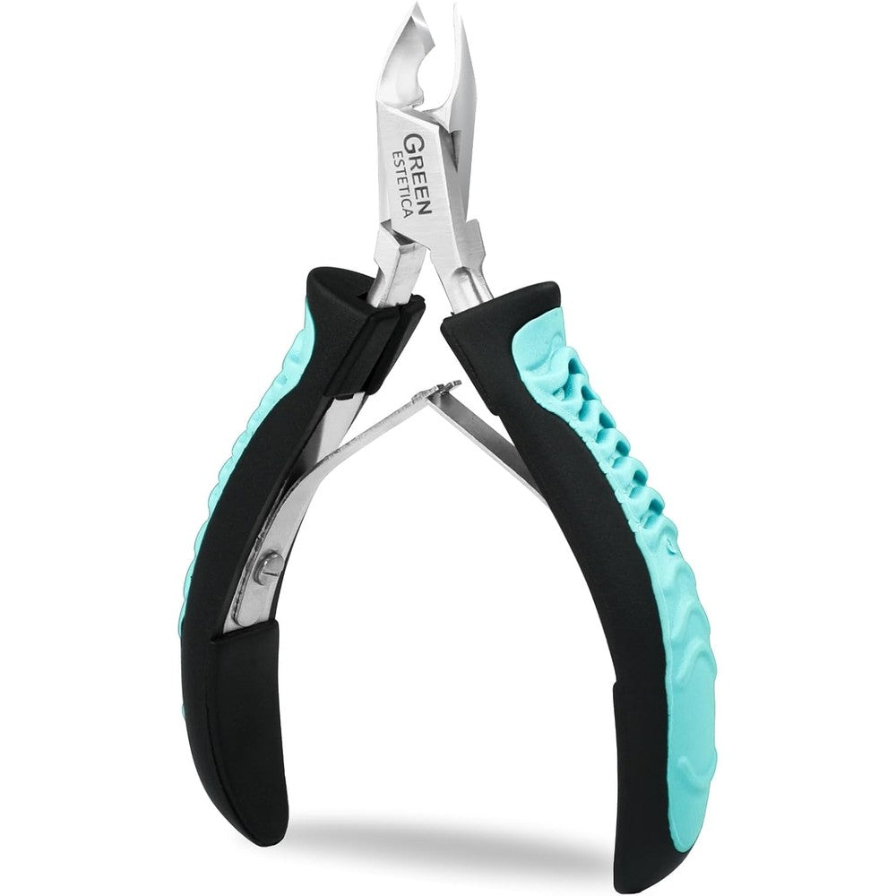 Green Estetica professional cuticle trimmer front view showing green and black non slip handle