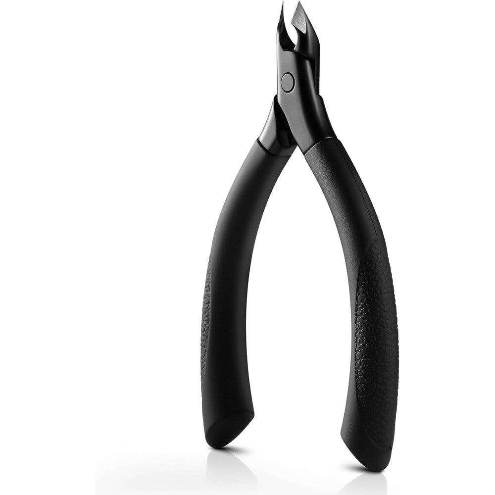 BEZOX cuticle trimmer front view showing dark non slip silicone handle and professional five millimeter half jaw blade