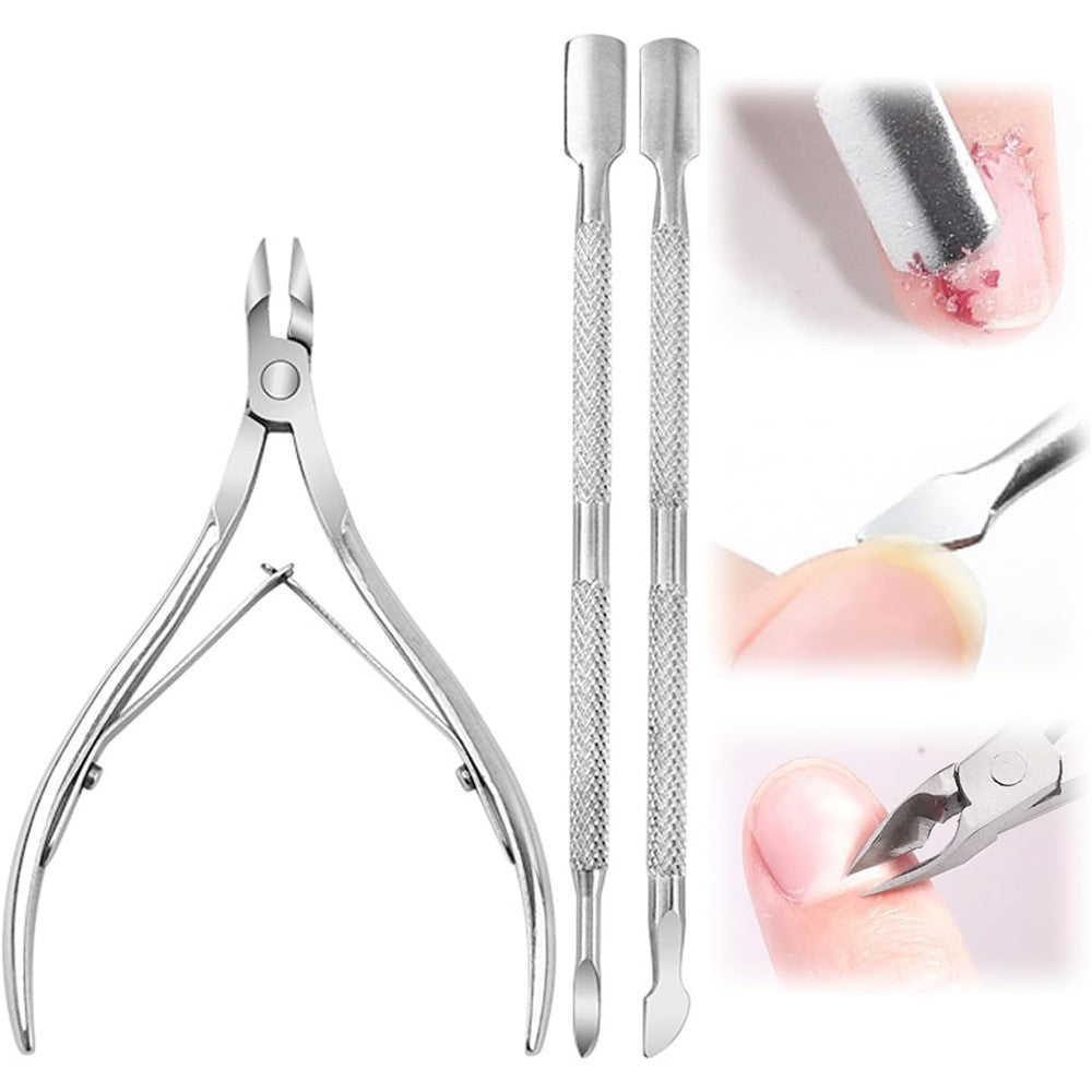Generic cuticle trimmer with pusher and cutter set front view highlighting sharp stainless steel nipper jaws