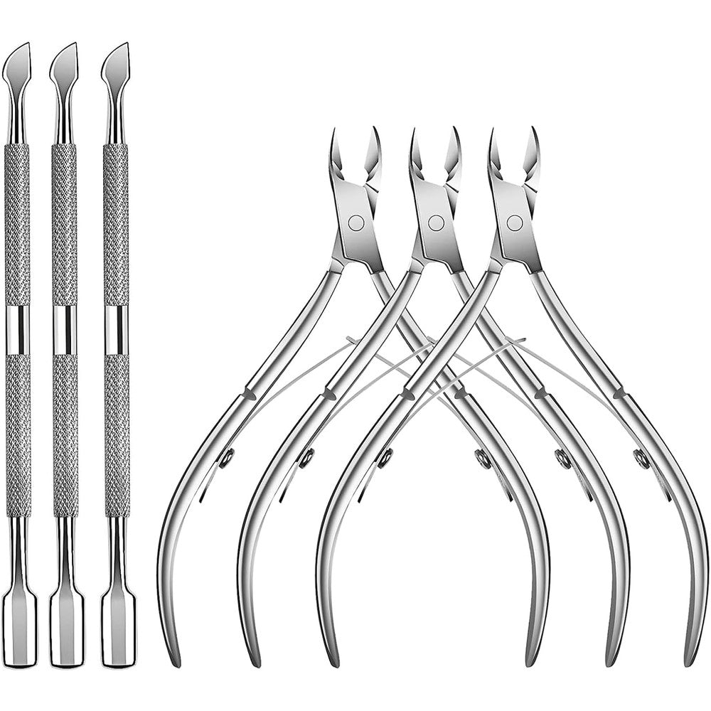 TANPIUS professional stainless steel cuticle trimmer and pusher set displayed face forward showing three nippers and three pushers.