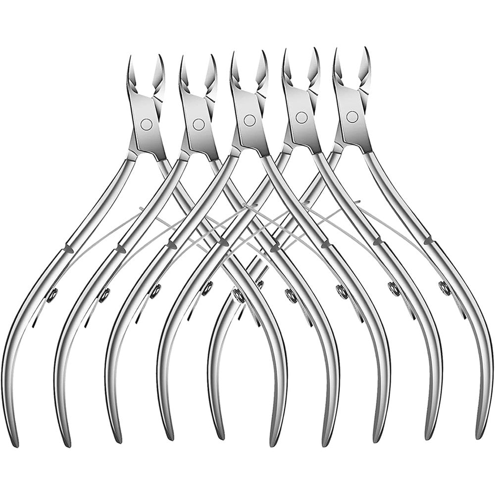 Flauntia professional stainless steel cuticle trimmer 5 pack front view showing silver polished nippers.