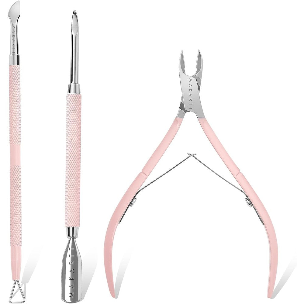 Makartt 3 piece pink cuticle trimmer and pusher set front view