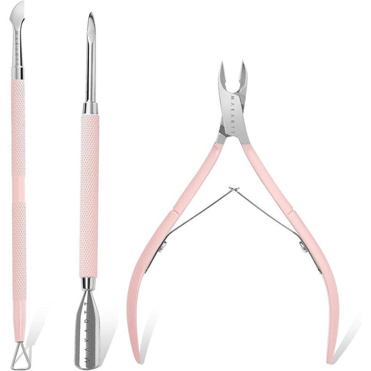 Makartt 3 piece pink cuticle trimmer and pusher set front view