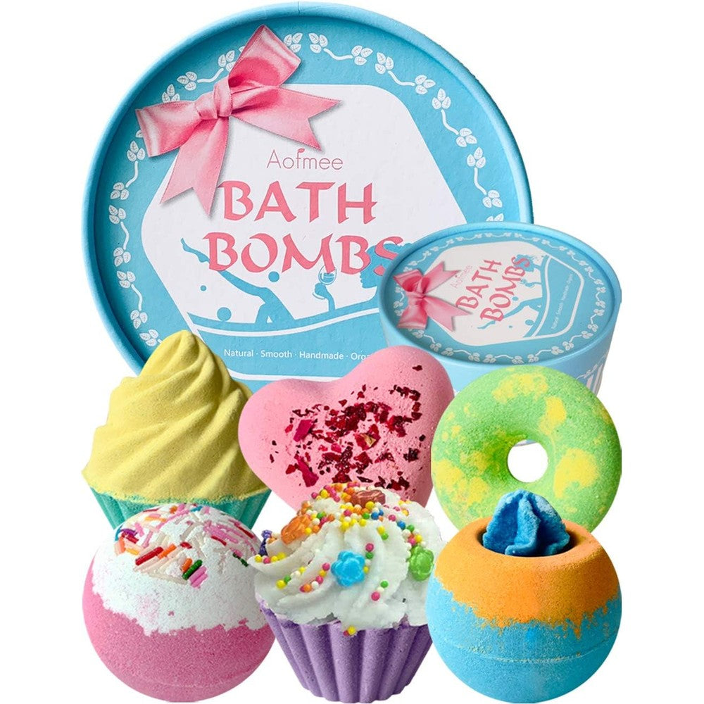 Aofmee handmade bubble bath bombs gift set front view showing six vibrant spa fizzies