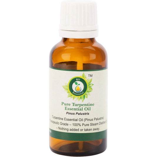 R V Essential Pure Turpentine Essential Oil 100ml amber glass bottle front view showing product labeling.
