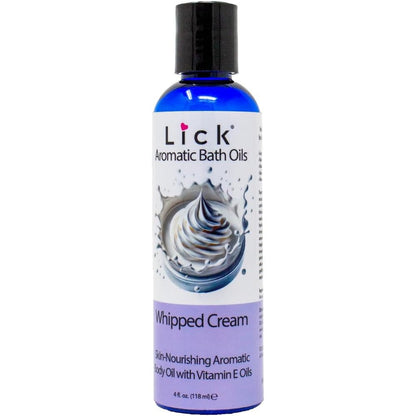 Lick Whipped Cream Aromatic Bath Oil blue bottle front view for moisturizing skin care