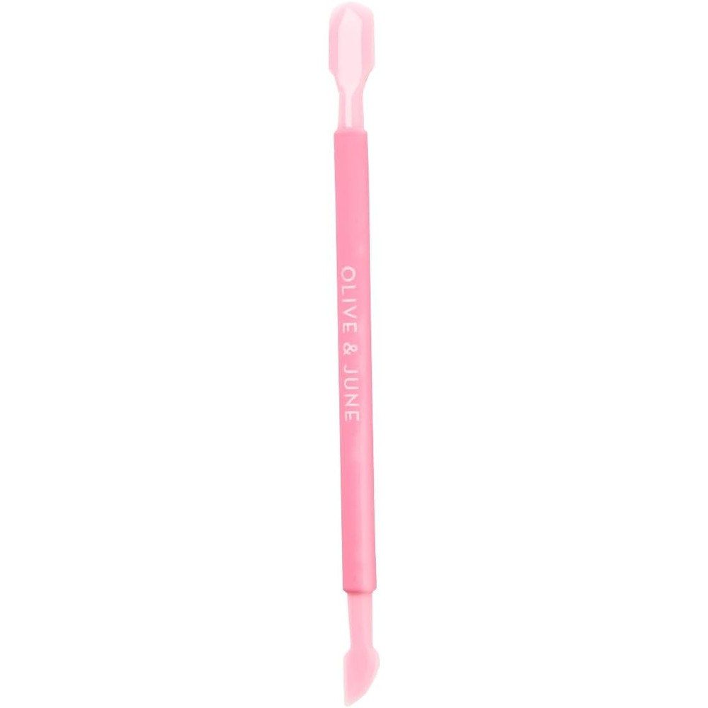 Olive And June Manicure Cuticle Pusher front view showing the pink dual ended design and rubberized grip