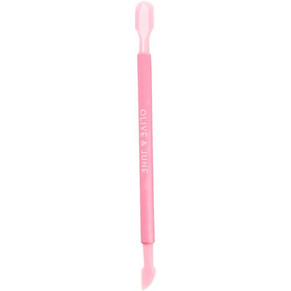 Olive And June Manicure Cuticle Pusher front view showing the pink dual ended design and rubberized grip