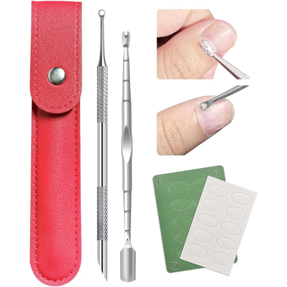 Kunshnbei pre-treatment cuticle pusher set front view with red storage pouch.