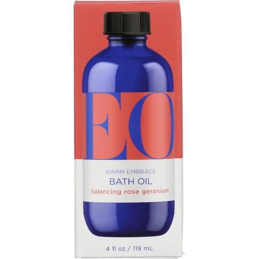 EO Warm Embrace Bath Oil Rose Geranium 4 Fluid Ounce bottle front view showing brand label.