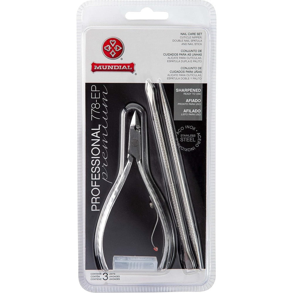 Mundial 778-EP professional stainless steel nail care set front view