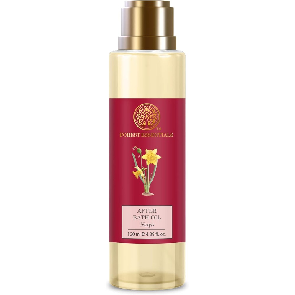 Forest Essentials After Bath Oil Nargis front view bottle with gold pump
