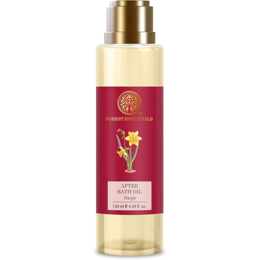 Forest Essentials After Bath Oil Nargis 130 ml bottle front view highlighting the premium Ayurvedic moisturizing body oil packaging.