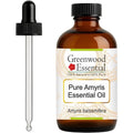 Greenwood Essential pure amyris essential oil front view bottle with glass dropper
