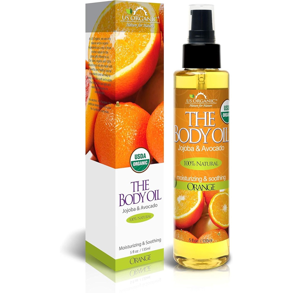 Us Organic fresh orange body oil front view bottle and box