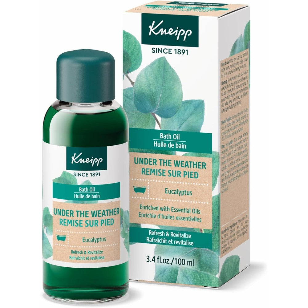Kneipp Under The Weather Eucalyptus Bath Oil front view green glass bottle