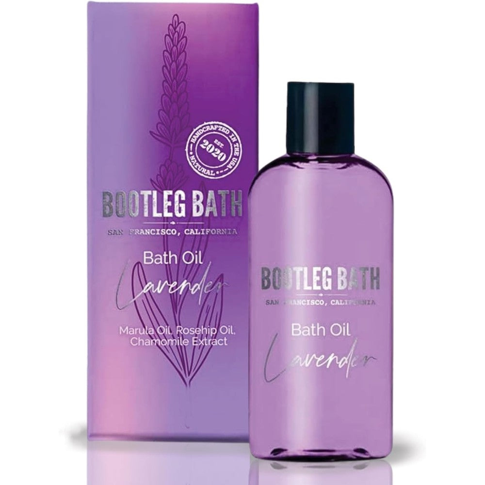 Bootleg Bath lavender bath oil front view bottle and box