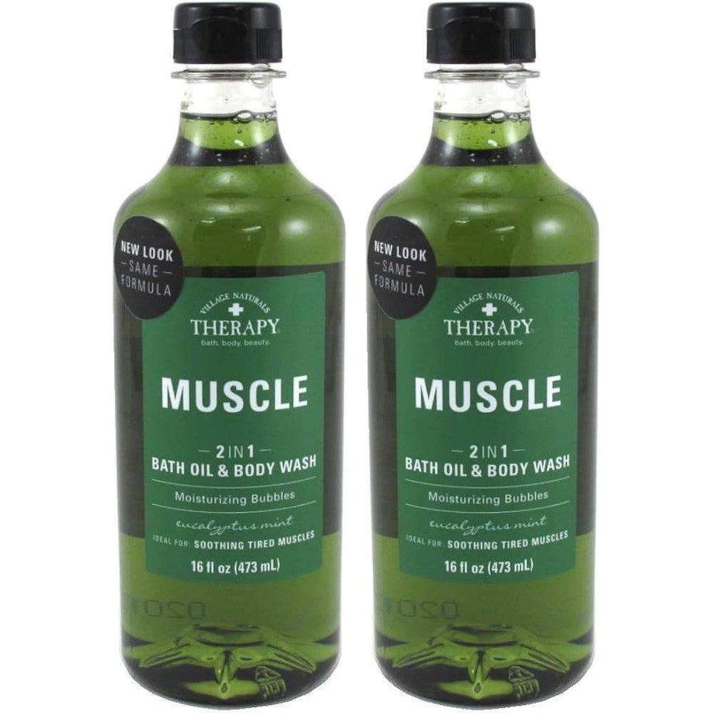 Village Naturals Therapy Muscle Relief Foaming Bath Oil and Body Wash pack of two front view