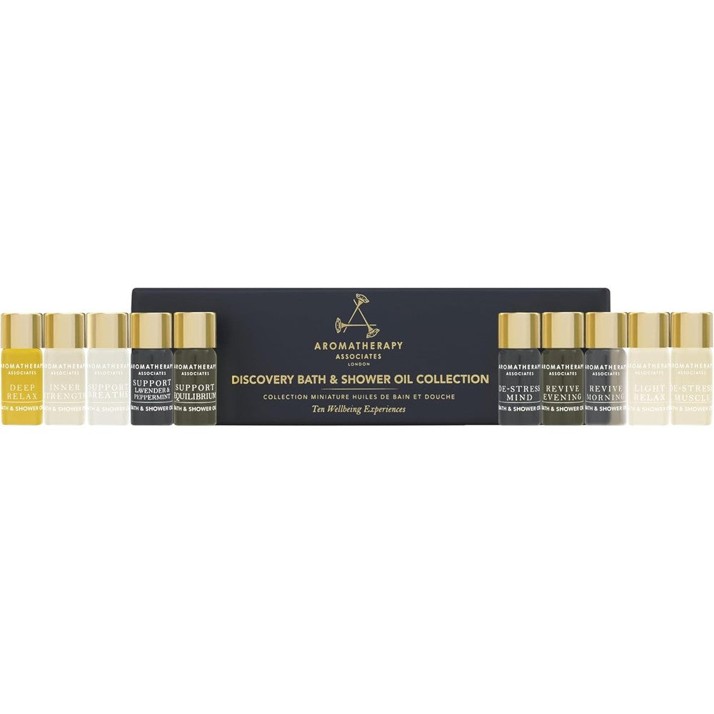 Aromatherapy Associates Miniature Bath And Shower Oil Collection front view of decorative gift box with ten luxury essential oil blends