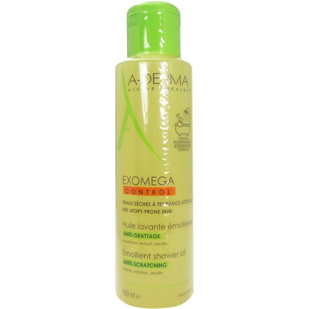 A-Derma Exomega Control Emollient Shower And Bath Oil front view 500ml bottle skincare