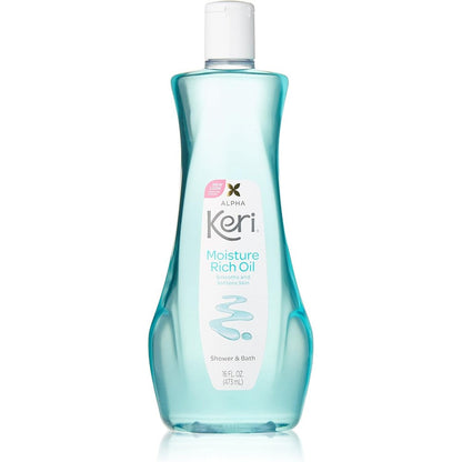 Keri Alpha Shower And Bath Moisture Rich Oil front view bottle for dry skin hydration