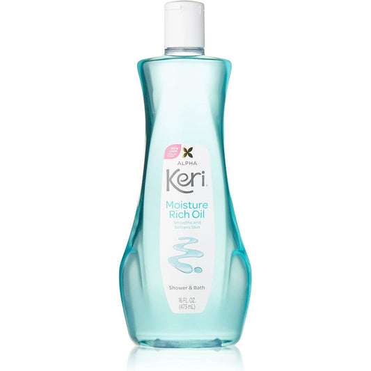 Keri Alpha Shower And Bath Moisture Rich Oil front view bottle for dry skin hydration