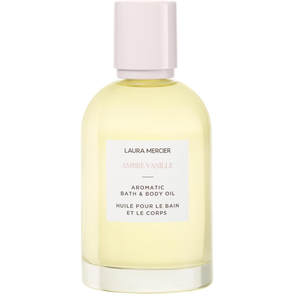 Laura Mercier Ambre Vanille Aromatic Bath And Body Oil front view showing clear bottle and pink cap