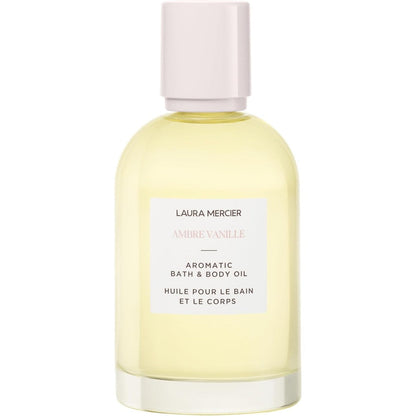 Laura Mercier Ambre Vanille Aromatic Bath and Body Oil front view of the one hundred milliliter luxury bottle