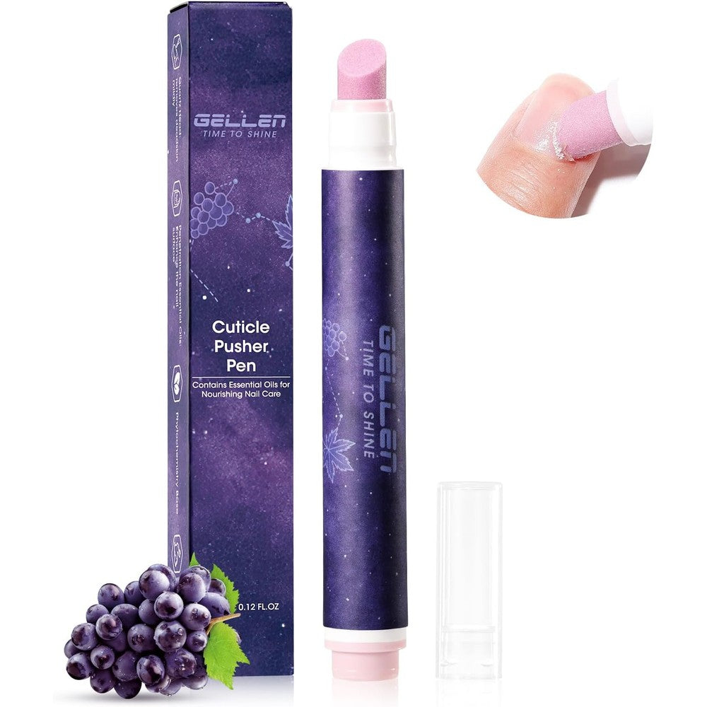 Gellen 4-in-1 Cuticle Pusher Pen packaging front view showing the purple theme and ceramic tip
