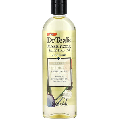 Dr Teal's Moisturizing Bath and Body Oil Coconut front view showing twin pack packaging for deep skin hydration.