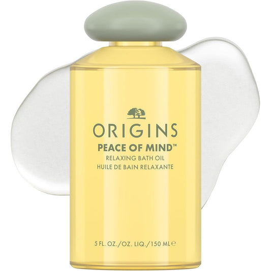 Origins Peace of Mind Relaxing Bath Oil front view bottle with green cap