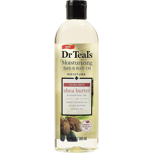Dr Teal's Moisturizing Bath And Body Oil with Shea Butter And Almond Oil front view bottle for dry skin hydration